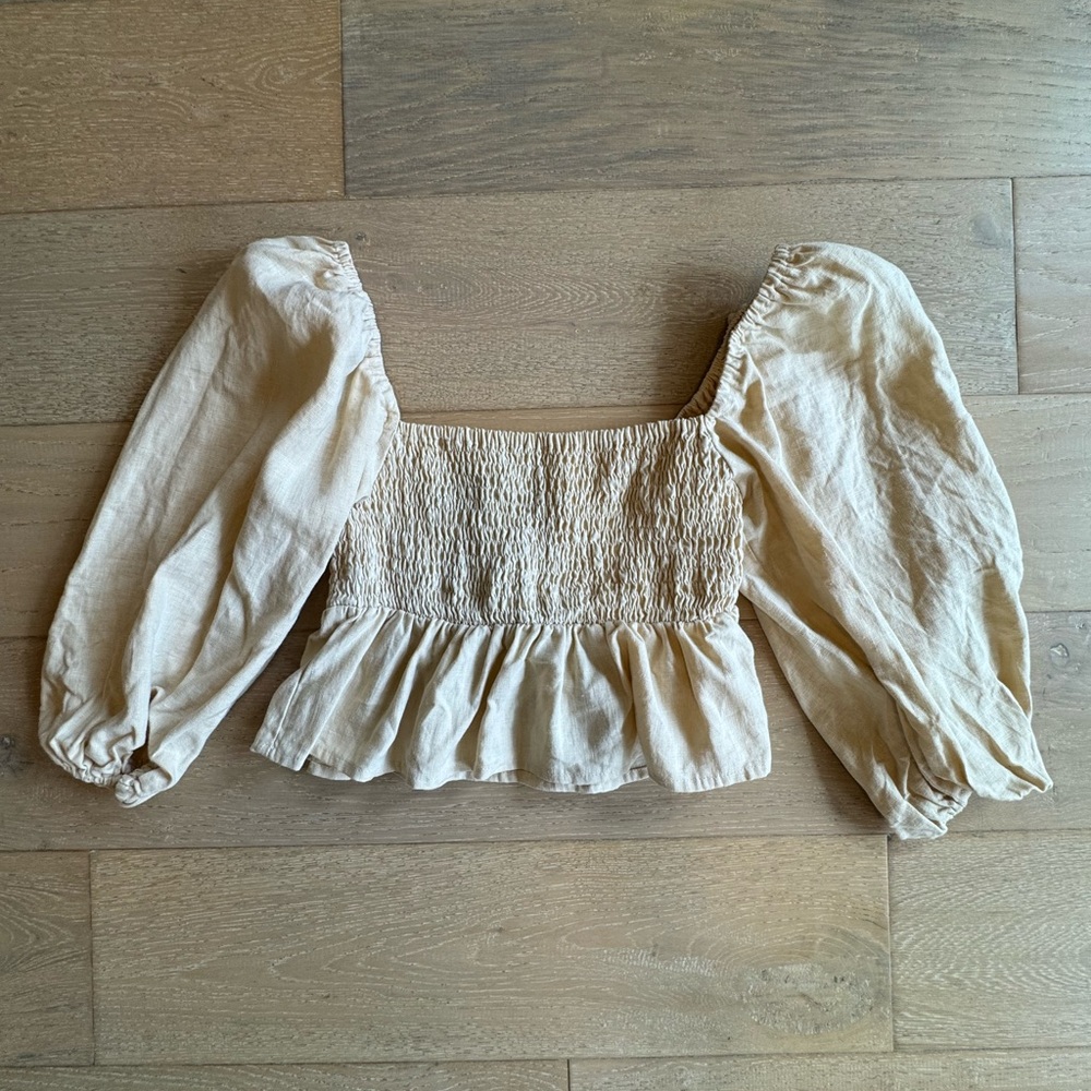 Faithfull the Brand Cream Smocked Linen Top - Size Medium